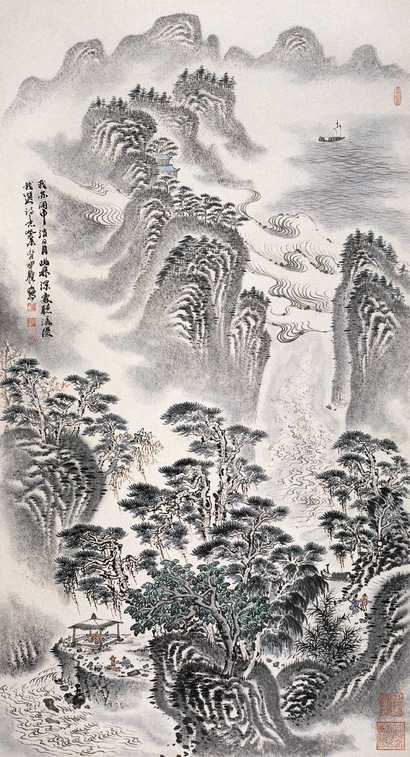 沈明权 2003年作 幽林听泉图 镜心